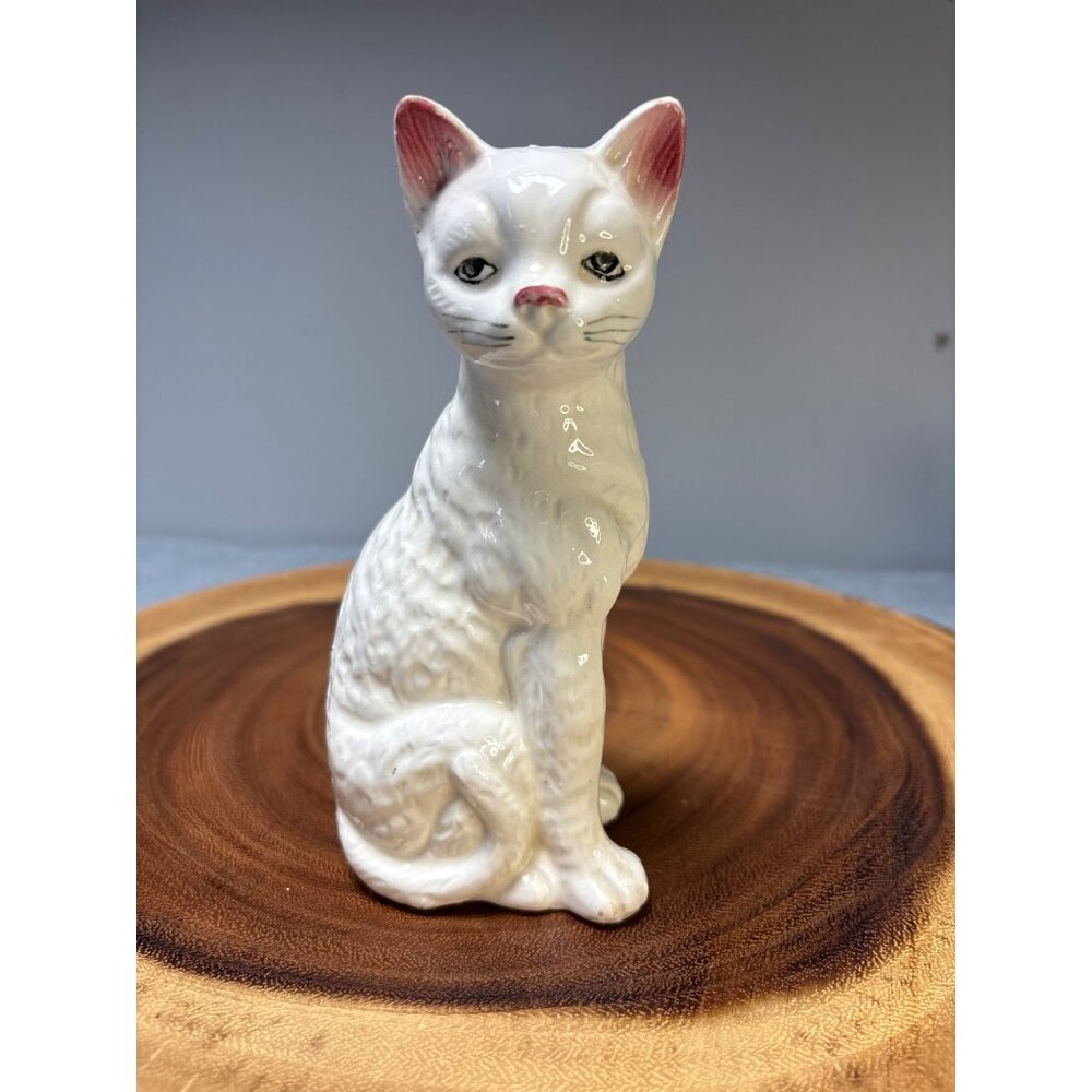 Vintage White Porcelain Cat Figurine with Pink Accents 6.5" tall